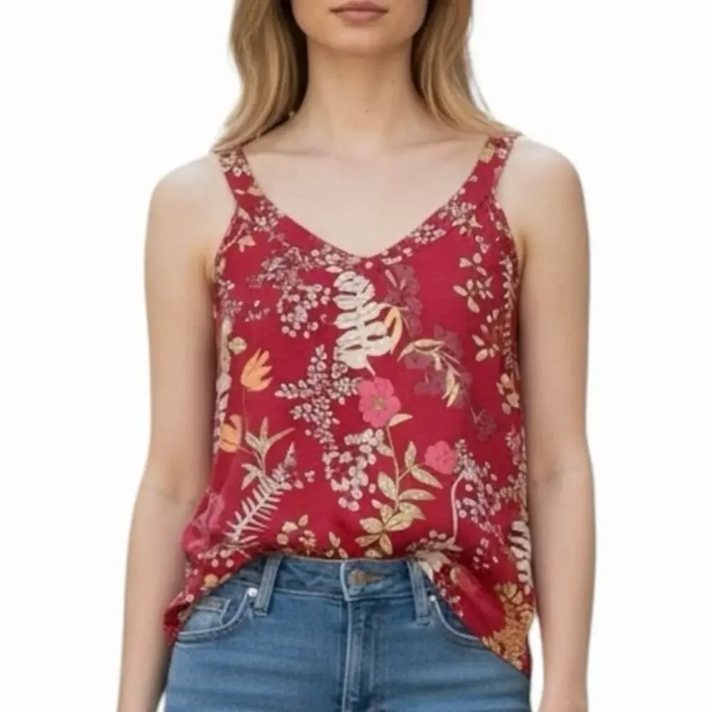Free People Pink Floral Tank Top S P Small Petite Boho Viscose V-Neck Sleeveless